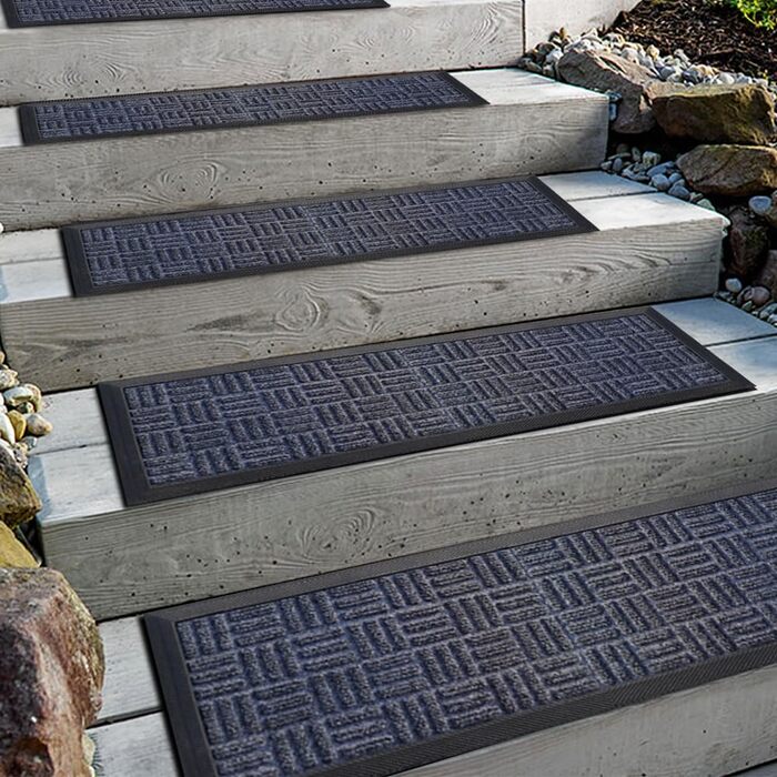 Гумові килимки для сходинок Aucuda (6 шт), 76x22 см, зовнішні, антиковзкі, вологостійкі, сірі смуги