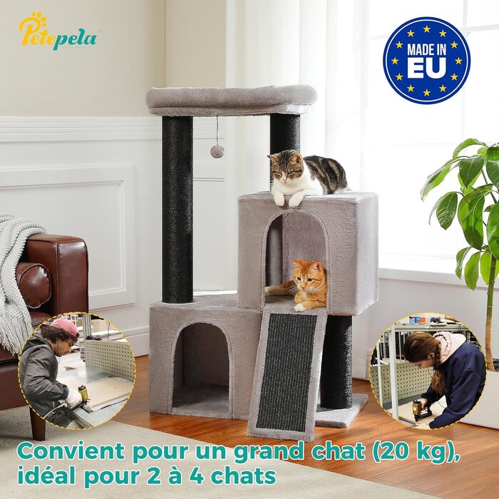 PETEPELA Scratch Tree with Dual Condos for Apartment Cats, All-in-One Cat House with Padded Perch, Scratch Ramp and Posts, and Replaceable Balls (Gray, L 113cm)