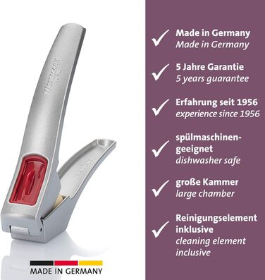 Прес для часнику Westmark з великою камерою та елементом для чищення, 16.2 см, алюміній/пластик, срібно-червоний, 30082260 Josie