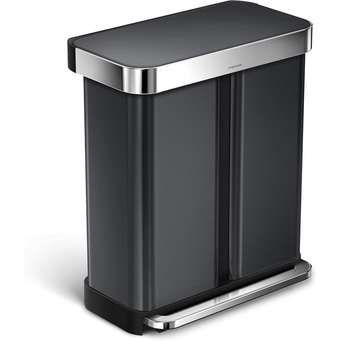 Сміттєвий бак Simplehuman CW2080 45 л з педальним механізмом та відділенням для пакетів, кухонний, з полірованої нержавіючої сталі та сірого пластику
