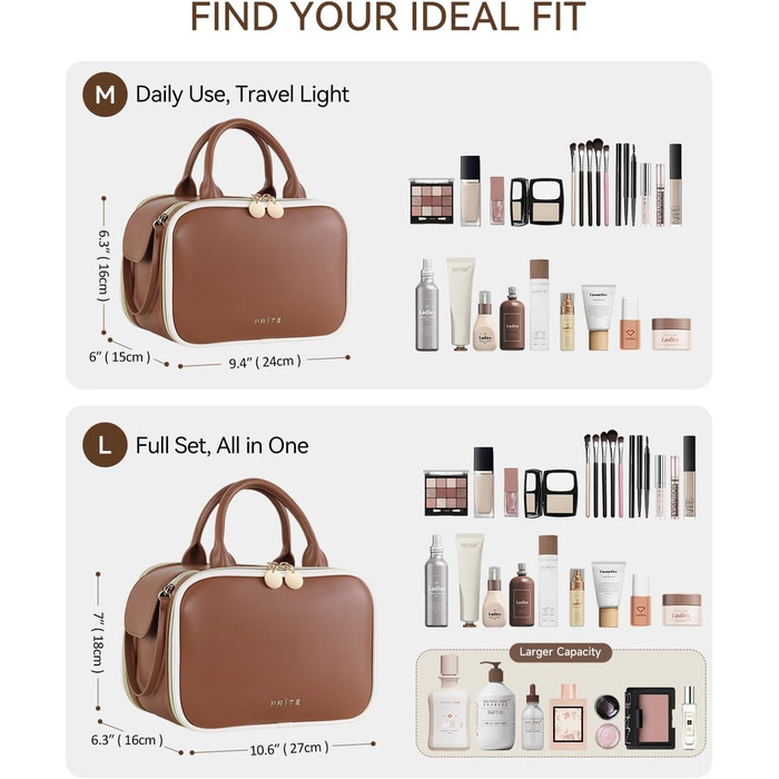 Косметичка-органайзер велика містка з водонепроникним покриттям та ручкою, з декількома відділеннями (колір: кавовий)