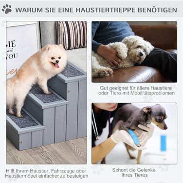PawHut Dog Stairs 3 Steps Cat Stairs Pet Stairs Dog Stairs for Dogs and Cats Pet Stair Entry Aid with Carpet Storage for Sofa Bed Pine Wood Grey 40.5 x 44.5 x 38 cm