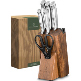 Waldwerk 7-Piece Knife Set with Block & Sharpener - Acacia Wood Knife Block Set - Premium Kitchen Knife Set
