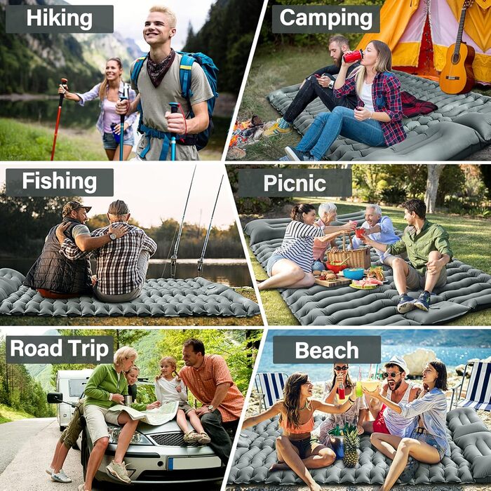 Каремат для кемпінгу Double, самонадувний, з насосом для ніг, ультралегкий, товстий, сірий. Підходить для походів, подорожей, кемпінгу та наметів.