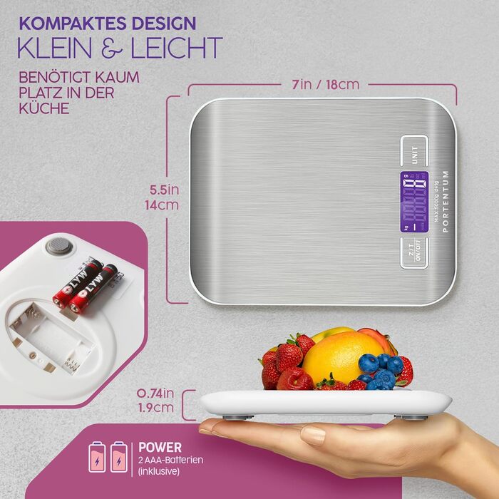 Кухонні ваги PORTENTUM 5 кг з LCD-дисплеєм, з нержавіючої сталі, з функцією тарування, для вимірювання рідини, точність 1 г, сріблясті
