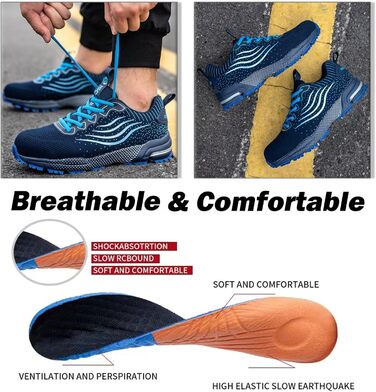 Черевики робочі чоловічі/жіночі, безпекові, спортивні, з металевим капаком, амортизуючі, протиковзкі, 43 EU, блакитні