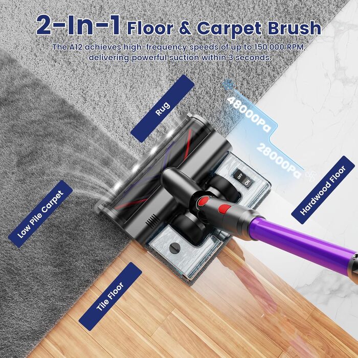 Бездротовий акумуляторний пилосос A12 з функцією миття підлоги, 8-в-1, 48Kpa, 550W, 70 хвилин, з сенсорним екраном, об'єм контейнера 1,5 л, док-станція для стін, підходить для килимів, авто, шерсті тварин, фіолетовий