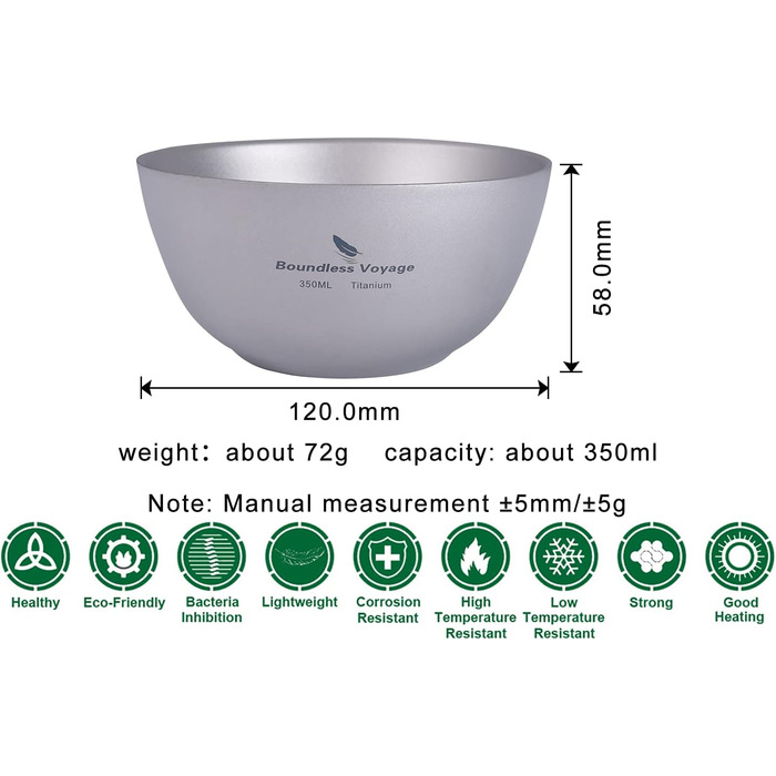 iBasingo Titan Bowl Rice Soup Cup Outdoor Camping Dinnerware 350ml Lightweight Double-Walled Round Bowl Tableware for Travel Hiking Home Ti1094T 350ml -Ti1094t