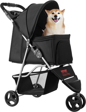 VEVOR 3-Wheel Pet Stroller - Dog & Cat Buggy, 16kg Capacity, Foldable with Cup Holders & Brakes