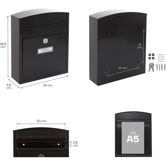 Поштова скринька ARREGUI Compact E5731 з оцинкованої сталі, біла (S, DIN A5), вулична, водонепроникна, з табличкою для імені, 2 ключі, легкий монтаж