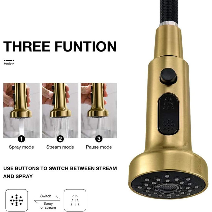 Змішувач для кухні з висувною лійкою, 360° обертання, щіткове золото, одноручний, для кухні