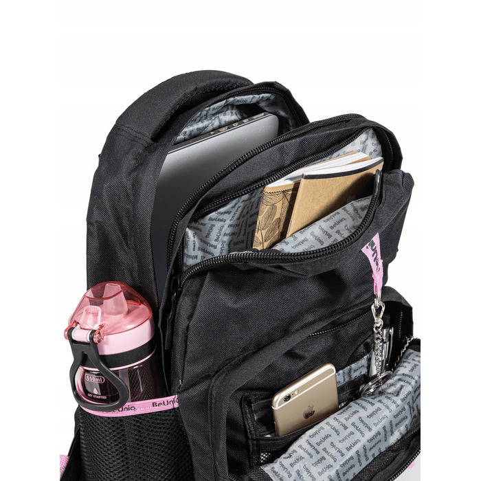 Багатовідсіковий шкільний рюкзак BeUniq, чорний з рожевим, 29 л