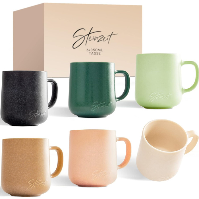 Stone Age Design Coffee Cups (6x350ml) - 100% Handmade Coffee Mugs - Set of 6 Unique Pastel Colors - Large 350ml Mug Suitable for Any Beverage