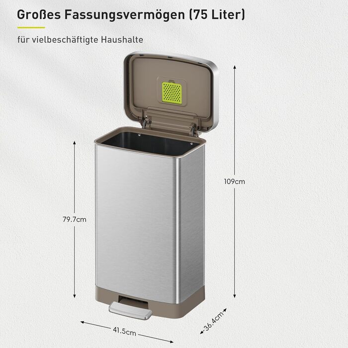 Відро для сміття EKO Madison 30 л з висувним контейнером, м'яким закриттям кришки, стійке до відбитків пальців, нержавіюча сталь, прямокутне, з 20 мішками для сміття 75 л
