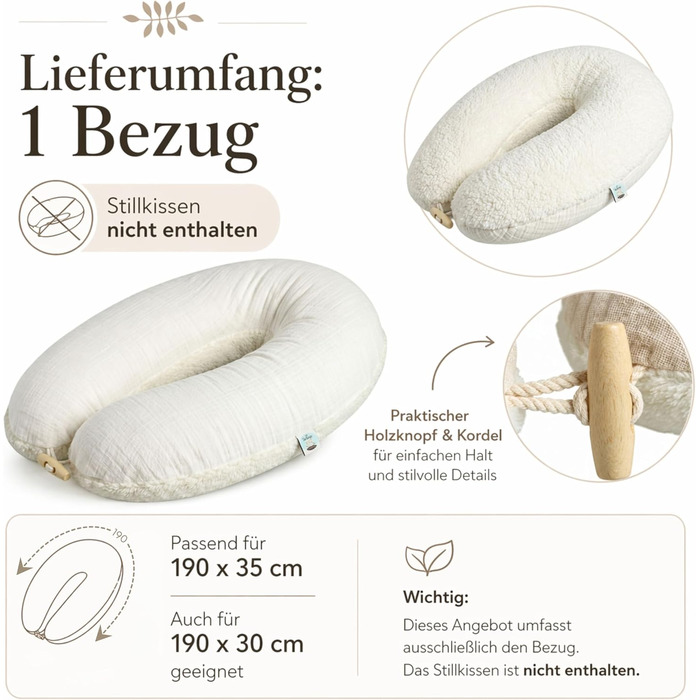 Подушка для вагітних та годування Sei Design XXL 190x35 см з мусліновим чохлом, ергономічна, з органічної бавовни