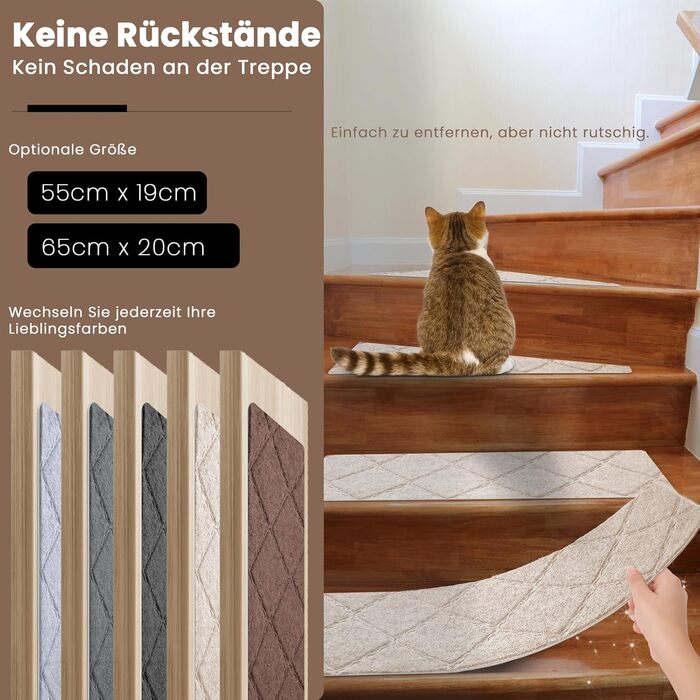 Килимок на сходи, 15 шт., самоклеючий, антиковзаючий, для дому. Розмір: 55x19 см (також 65x20 см), бежевий. Захист для дітей, домашніх тварин та літніх людей.