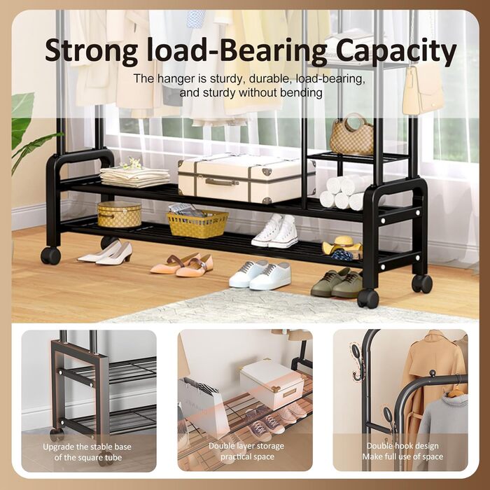 Clothes rack, clothes rod, rolling clothes rack, rolling clothes rod, stable clothes rack, black clothes rack, clothes rack with wheels and two clothes rods (Black)