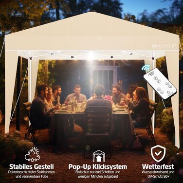 KESSER® Pavilion Folding Pavilion 3x3m with LED Lighting | Pop-Up Garden Pavilion Height Adjustable, Stable, Waterproof, Winterproof | Party Tent, Event Tent, UV Protection 50+ including Remote Control & Bag Beige