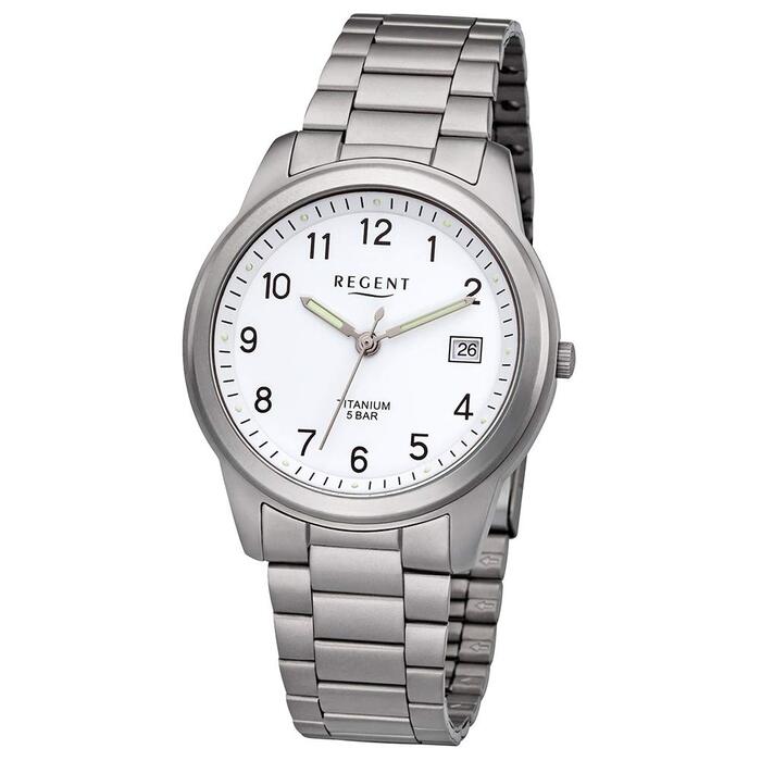 Чоловічий годинник REGENT з титановим браслетом та корпусом 36 мм, кварцовий, арабські цифри, дата (білий)