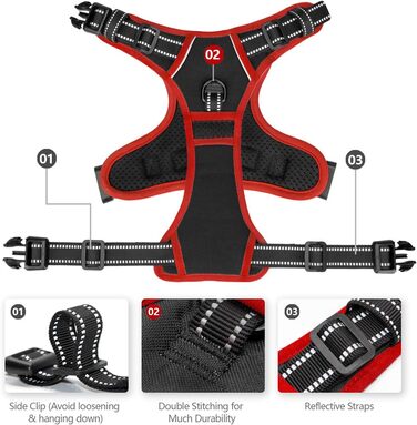 Шлейка для собак PHOEPET без натягу, світловідбиваюча, регульована, з ручкою для тренувань + 2 гачки для повідка + 3 застібки + 4 ковзаючі пряжки (M, Чорний)