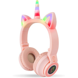 Дитячі навушники AXFEE з Bluetooth, котячі вушка, LED-підсвітка, Over-Ear, стерео, бездротові, з мікрофоном, Micro SD/TF, для телефону/планшета/ПК, рожеві
