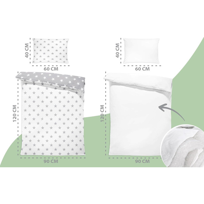 Комплект постільної білизни для дитячого ліжечка 90x120 см з бавовни Kinderbettwäsche - комплект ковдри та наволочок 40x60 см для малюків (хлопчиків та дівчаток). Oeko-Tex, білий з сірими зірками / сірий з білими зірками.