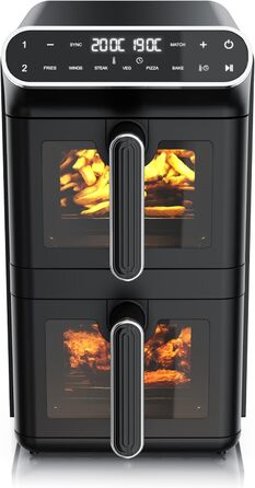 Фритюрниця Arendo з гарячим повітрям XXL Dual Zone з 2 камерами – 11 л – 2 зони – Airfryer з подвійними камерами та вікном – 6 програм – Без BPA – 3D циркуляція повітря – Функції Sync та Match A: 11 літрів