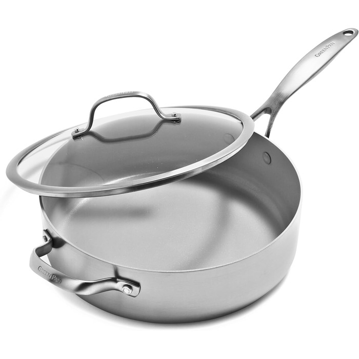 GreenPan Venice Pro сковорода з нержавіючої сталі 24 см/3,4 л з ручкою та кришкою, антипригарне покриття, без PFAS, тришарова, для індукційних плит, можна мити в посудомийній машині, можна використовувати в духовці, срібна