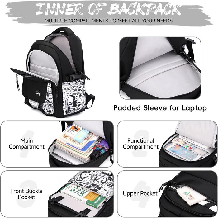 Шкільний рюкзак Tanou для хлопців-підлітків, чорний, з принтом графіті, водонепроникний, 10-18 років