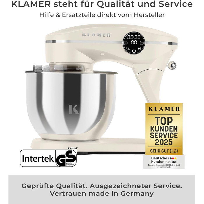 Кухонний комбайн KLAMER 1800W, планетарний міксер для тіста з чашею з нержавіючої сталі 6л (Premium Creme)