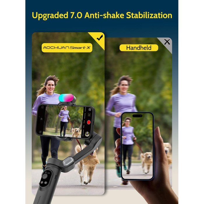 Стабілізатор для смартфона AOCHUAN 3-осьовий з функцією розпізнавання обличчя, вбудованим світлом, 1/4 дюйма, для iPhone 16/15 Pro, Android, TikTok - Smart X Kit, Чорний