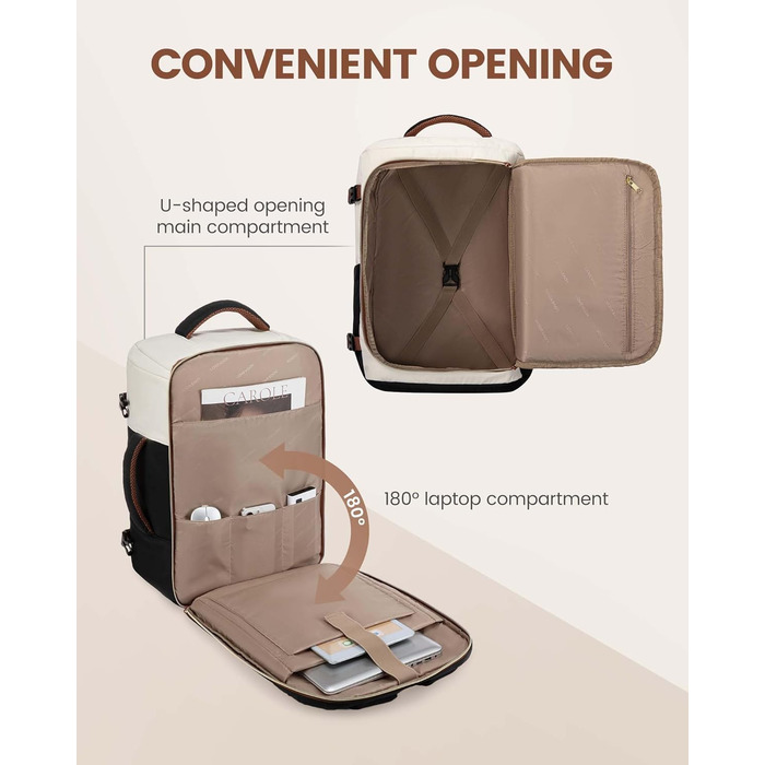 Рюкзак LOVEVOOK для ручної поклажі літака, жіночий, 50L, для подорожей, бізнесу, школи, чорний+бежевий+коричневий