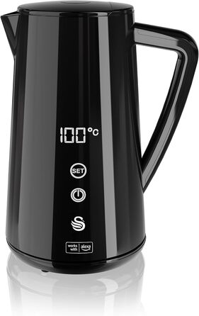 Чайник електричний Swan Alexa WIFI, 1.5L, з регулюванням температури, чорний, бездротовий, LED-touchscreen, підігрів, Cool Touch, ізольована сталева стінка, 1800W, SK14650BLKNEU (uk_Plug)