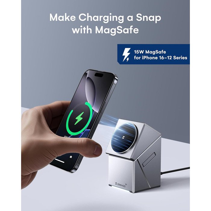ZEEHOO 3-в-1 зарядний станція для Apple MagSafe: зарядка для iPhone, Apple Watch та AirPods (30W USB-C), сірий