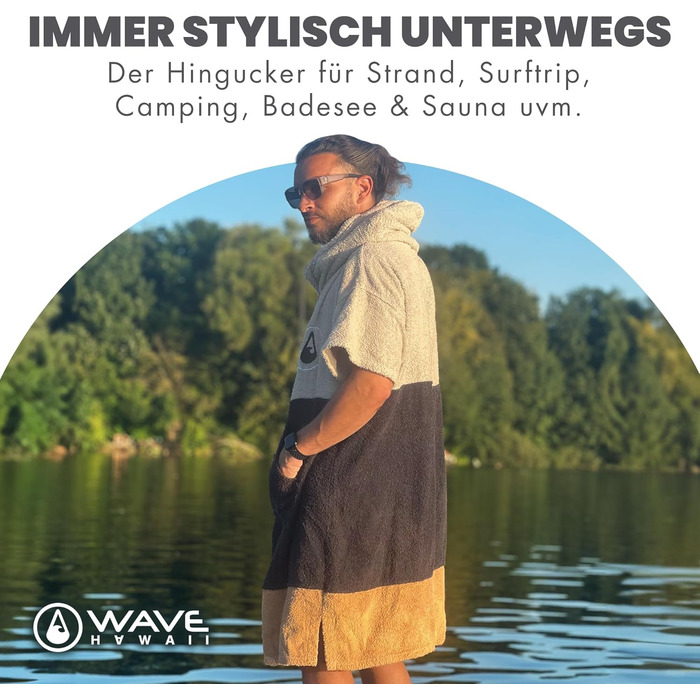 WAVE HAWAII Bathrobe Poncho Women & Men | Size M 160-190cm | 95% Cotton Surf Poncho for Adults | Terrycloth Poncho Towel High Water Absorption | Changing Aid Beach Adults