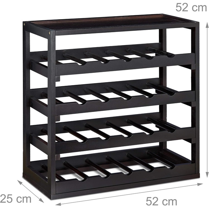 Relaxdays Wooden Wine Rack H x W x D: approx. 52 x 52 x 25 cm Robust bottle rack for wine, wine bottle rack in elegant black, wine bottle holder with 4 levels for 20 bottles, bottle holder, black