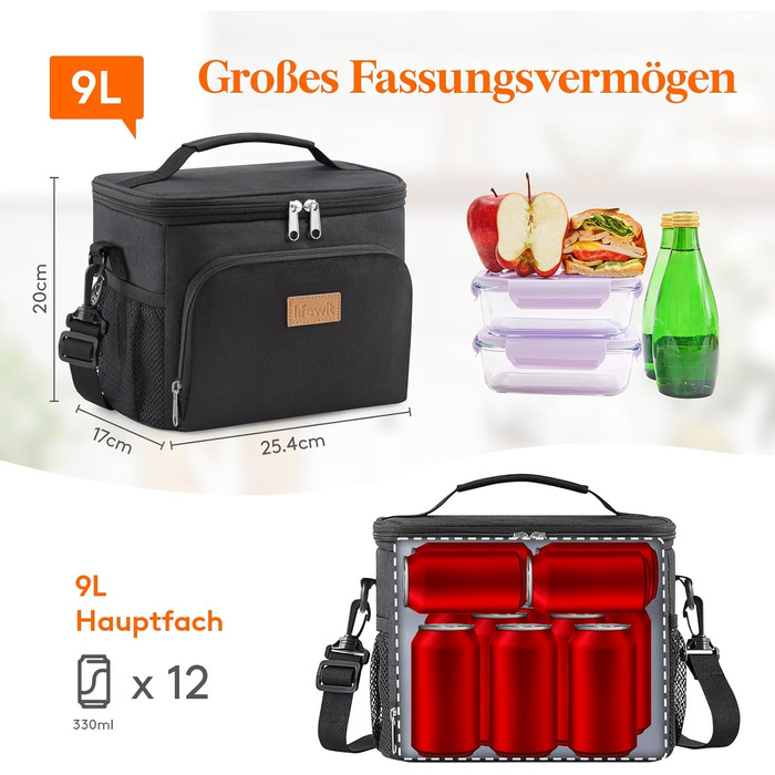 Термосумка LifeWit 9L для обідів та пікніків, чорна, вміщує 12 банок