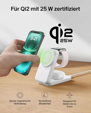 Зарядна станція Belkin UltraCharge 3 в 1 з Qi2.2, 25W, сумісна з MagSafe, для iPhone, Apple Watch, AirPods, Pixel, з адаптером 45W