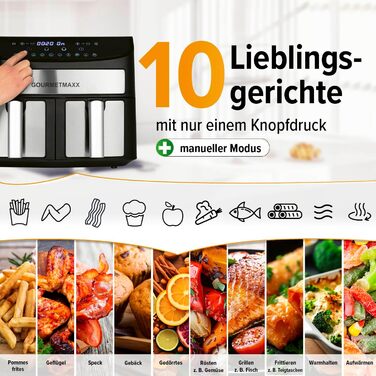 Аерофритюрниця GOURMETmaxx з двома камерами 2×3,5 л, нержавіюча сталь, 2400 Вт, сенсорний дисплей, таймер, 10 програм, енергоощадна, чорна