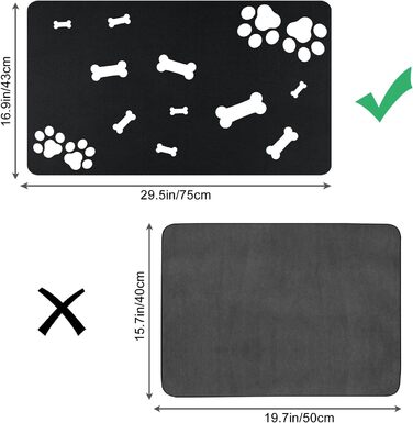 Килимок для годування домашніх тварин, надпоглинувач, для собак та котів, з антиковзким гумовим дном, швидковисихаючий, можна прати, 40 x 60 см, 2 пари малюнків лап, чистий чорний кістяний візерунок