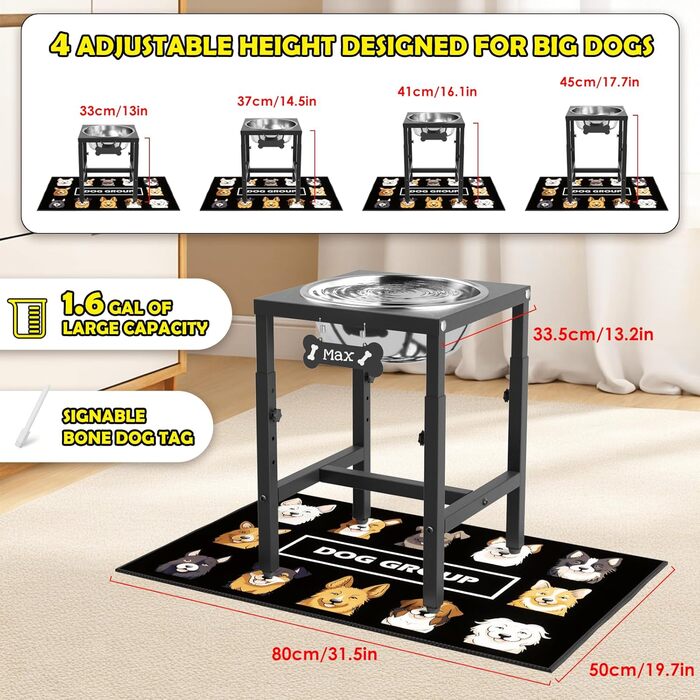 Підвищений миска для собак (6 літрів) для великих собак, 4-рівнева регулювання висоти (33–46 см), з нержавіючої сталі з вологостійким килимком та стійким металевим підставкою, легко миється, для дому та вулиці