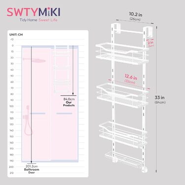 Підвісна полиця для душу SWTYMIKI на 4 яруси, регульована органайзер-стелаж зі сталею без свердління для скляних дверей, з гачками та мильницею, білий