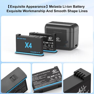 Акумулятор Melasta 2500mAh для Insta360 X4 (2 шт.) з зарядним пристроєм USB-C. Запасний акумулятор для екшн-камери Insta360 X4