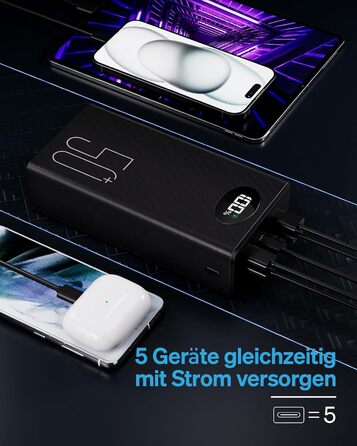 Портативний повербанк 50000 мАг з 5 виходами та 2 входами, швидка зарядка 22,5 Вт, ліхтарик, чорний