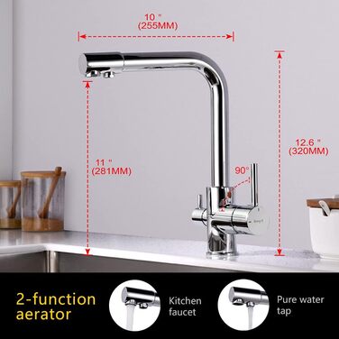 Кухонний змішувач 3-в-1 з обертанням 360° з нержавіючої сталі, з двома ручками, для фільтрації води, гарячої та холодної води, високого тиску, 3 шланги по 50 см