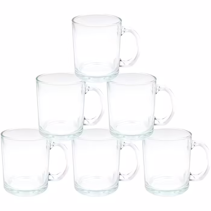 MR.R 11oz Sublimation Blanks Glass Clear Transparent Mug, Coffee Cups with Handle for Heat Transfer Thermal Coatings, Set of 6