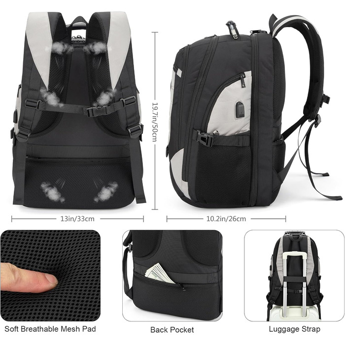 Рюкзак Tzowla для ноутбука 17.3 дюймів, водонепроникний, з USB-зарядкою та TSA-замком (сірий)