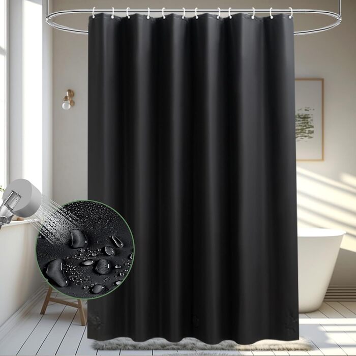Прозорий душовий завіс AooHome 180x200 см з магнітами, антигрибковий, водонепроникний, з 12 кільцями, шестикутний малюнок, для ванни/душової кабіни (Чорний)