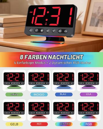 Цифровий будильник LED з RGB-підсвіткою, потужний сигнал 30-110 дБ для міцного сну, USB-порт, функція Snooze, настільний годинник (Червоний)