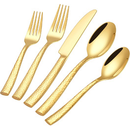HONKKU 30-Piece Flatware Set, 6 People, Gold, Thickened Stainless Steel Cutlery Set with Hammered Handle, Eating Cutlery Set with Knife, Fork, Spoon, Mirror Polished, Dishwasher Safe